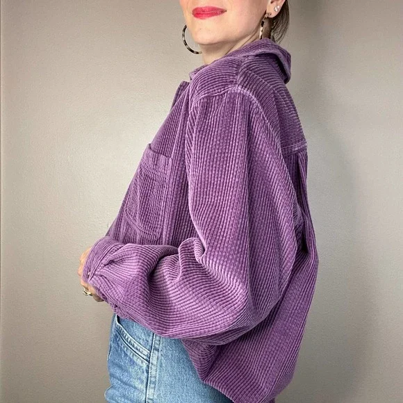 LL Bean wide wale corduroy aubergine purple button-down collared shirt L - Picture 14 of 17